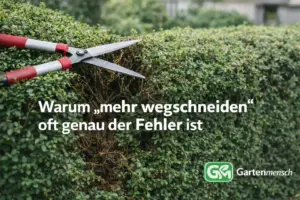 Heckenschere schneidet tief in eine Hecke mit kahler Innenzone – warum mehr wegschneiden beim Heckenschnitt oft genau der Fehler ist, Gartenmensch