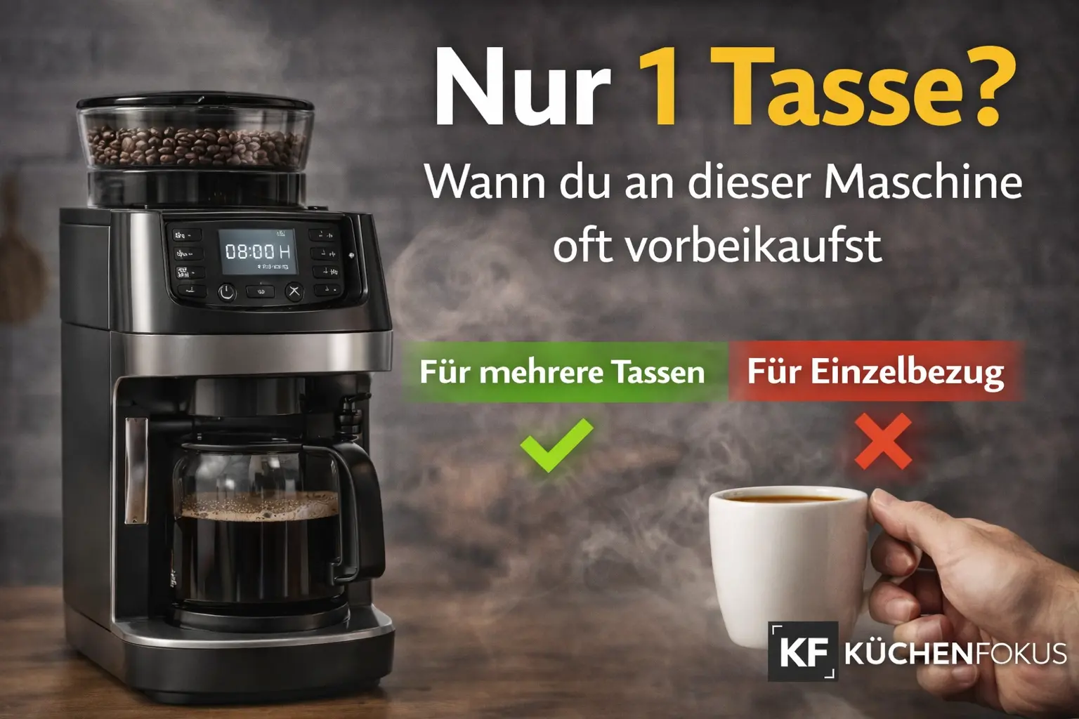 Artikelbild zur Melitta AromaFresh Pro X mit Kaffeekanne und einzelner Tasse sowie der Aussage, dass die Filterkaffeemaschine für mehrere Tassen gedacht ist und für Einzeltassen-Nutzer oft nicht ideal passt.