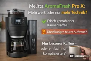 Artikelbild zur Melitta AromaFresh Pro X mit Mahlwerk und Kaffeekanne sowie der Frage, ob frisch gemahlener Kannenkaffee im Alltag echten Mehrwert bringt oder nur mehr Technik.
