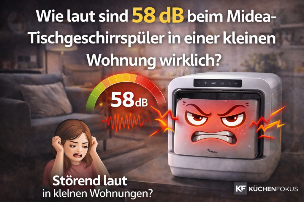 Midea Tischgeschirrspüler in kleiner Wohnung mit emotionaler Aufschrift zur Frage, wie laut 58 dB im Alltag wirklich sind, Küchenfokus Logo unten rechts
