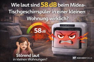 Midea Tischgeschirrspüler in kleiner Wohnung mit emotionaler Aufschrift zur Frage, wie laut 58 dB im Alltag wirklich sind, Küchenfokus Logo unten rechts