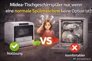 Vergleich zwischen Midea Tischgeschirrspüler und normaler Spülmaschine mit emotionaler Aufschrift zur Frage, ob das Mini-Modell nur sinnvoll ist, wenn ein größeres Gerät keine Option ist, Küchenfokus Logo unten rechts