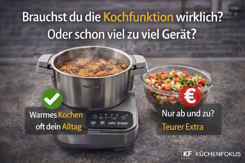 Moulinex Companion XL Roboterkocher mit dampfendem Gericht und vorbereiteten Zutaten daneben, mit der Frage, ob die Kochfunktion im Alltag wirklich nötig ist oder für manche schon zu viel Gerät bedeutet – Küchenfokus