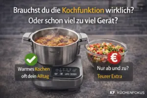 Moulinex Companion XL Roboterkocher mit dampfendem Gericht und vorbereiteten Zutaten daneben, mit der Frage, ob die Kochfunktion im Alltag wirklich nötig ist oder für manche schon zu viel Gerät bedeutet – Küchenfokus