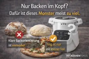 Moulinex Companion XL Roboterkocher in realistischer weißer Geräteform neben Brot, Teig und Pizza, mit der Aussage, dass das Gerät für reines Backen oft schon zu viel System und nicht die passendste Wahl ist – Küchenfokus