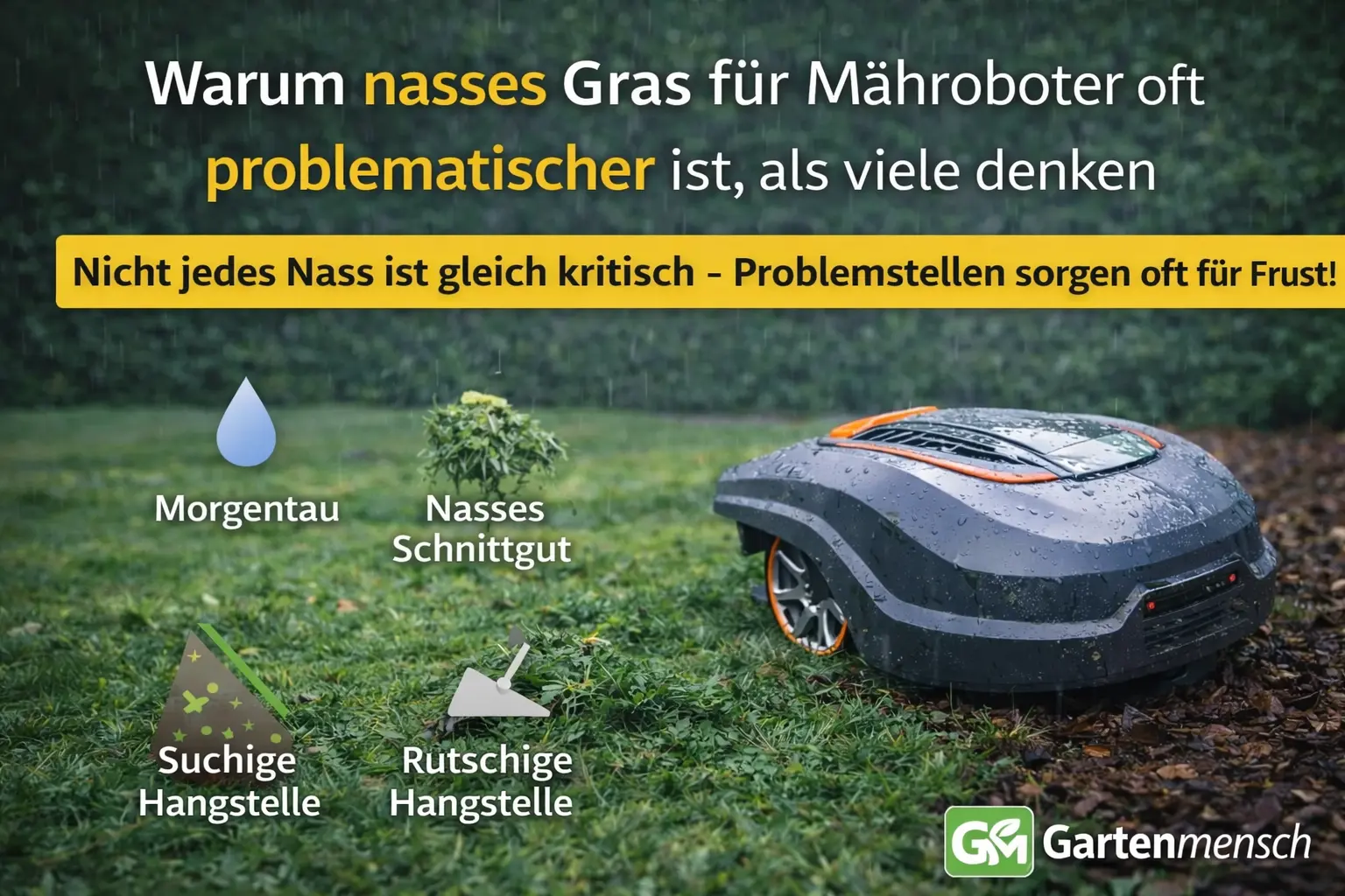 Mähroboter auf nassem Rasen mit feuchtem Schnittgut und typischen Problemzonen bei Regen und Morgentau