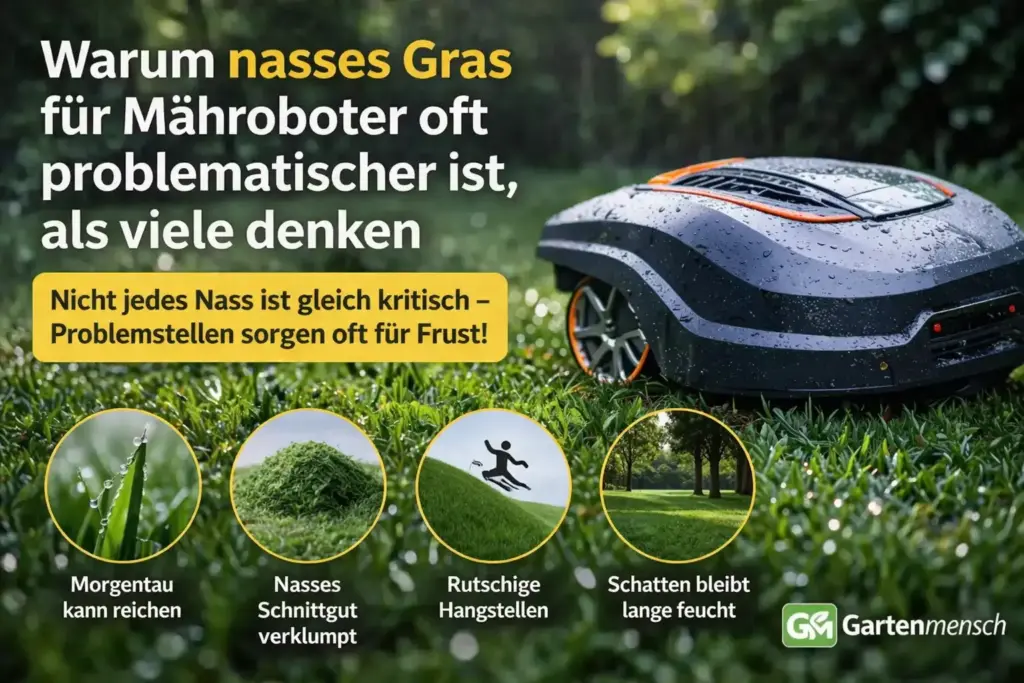 Mähroboter auf nassem Rasen bei Regen mit Hinweistext zu typischen Feuchte-Problemen wie Morgentau, nassem Schnittgut, suchigen Hangstellen und rutschigen Hangstellen.