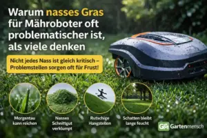 Mähroboter auf nassem Rasen bei Regen mit Hinweistext zu typischen Feuchte-Problemen wie Morgentau, nassem Schnittgut, suchigen Hangstellen und rutschigen Hangstellen.