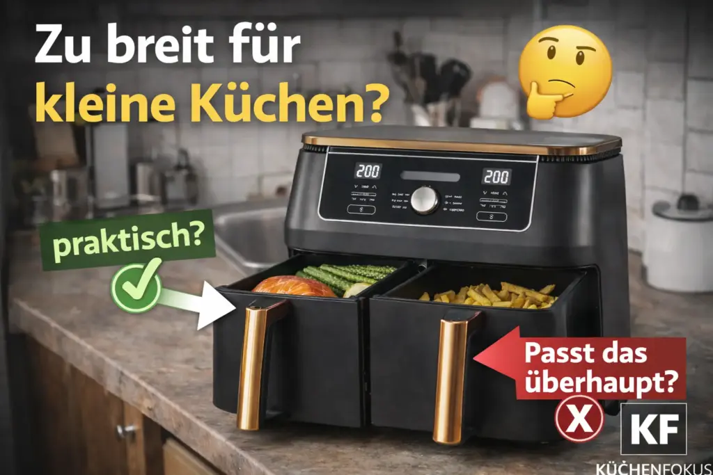 Ninja AF400EUCP Heißluftfritteuse in einer kleinen Küche mit emotionaler Frage, ob das breite Dual-Airfryer-Modell auf normale Arbeitsflächen passt, mit Küchenfokus Logo unten rechts.