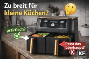 Ninja AF400EUCP Heißluftfritteuse in einer kleinen Küche mit emotionaler Frage, ob das breite Dual-Airfryer-Modell auf normale Arbeitsflächen passt, mit Küchenfokus Logo unten rechts.