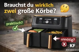 Ninja AF400EUCP Heißluftfritteuse mit zwei großen Schubladen in einer Küche, emotionales Titelbild zur Frage, ob zwei große Körbe im Alltag wirklich sinnvoll sind, mit Küchenfokus Logo unten rechts.