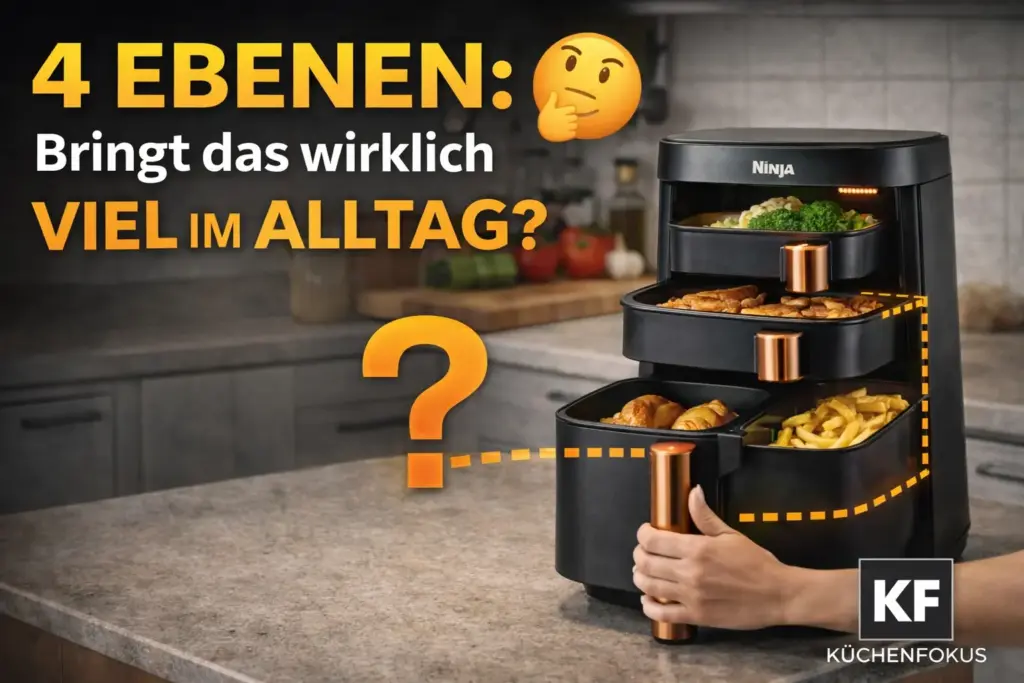 Ninja Double Stack XL Heißluftfritteuse mit vier nutzbaren Ebenen im Küchenalltag, emotionales Titelbild mit Frage zum echten Nutzen der 4 Ebenen und Küchenfokus Logo unten rechts.