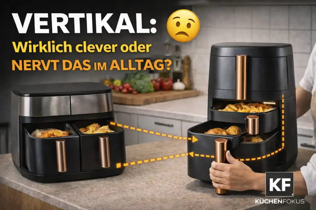 Ninja Double Stack XL Heißluftfritteuse im Vergleich zu einem klassischen Dual-Airfryer: vertikales Design im Küchenalltag mit Textfrage zur Alltagstauglichkeit, Küchenfokus Logo unten rechts.