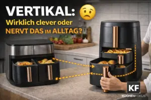 Ninja Double Stack XL Heißluftfritteuse im Vergleich zu einem klassischen Dual-Airfryer: vertikales Design im Küchenalltag mit Textfrage zur Alltagstauglichkeit, Küchenfokus Logo unten rechts.