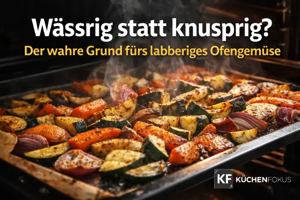 Ofengemüse auf einem Backblech im Ofen mit Dampf und Textoverlay zum Problem, warum es wässrig statt knusprig wird – Küchenfokus