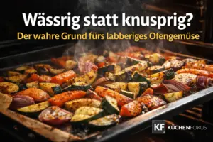 Ofengemüse auf einem Backblech im Ofen mit Dampf und Textoverlay zum Problem, warum es wässrig statt knusprig wird – Küchenfokus