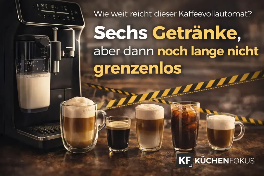 Artikelbild zur Philips 3300 LatteGo mit sechs Kaffeegetränken und der Aussage, dass der Kaffeevollautomat viel Komfort bietet, aber bei der Getränkevielfalt nicht grenzenlos ist.