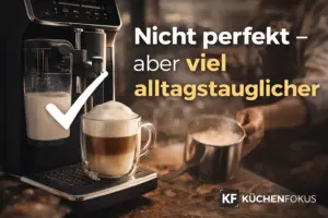 Artikelbild zur Philips 3300 LatteGo mit Milchsystem und Milchgetränk sowie der Aussage, dass Alltagstauglichkeit hier wichtiger sein kann als perfekter Milchschaum.