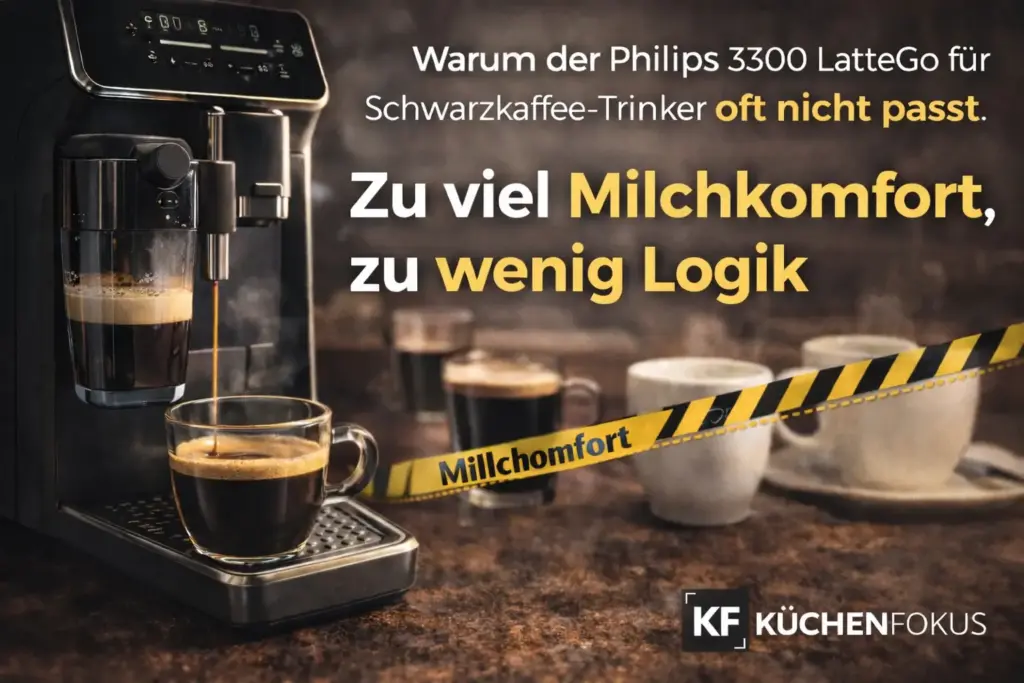 Artikelbild zur Philips 3300 LatteGo mit Espresso und der Aussage, dass der Kaffeevollautomat für Schwarzkaffee-Trinker wegen seines starken Milchkomfort-Fokus oft nicht die passendste Wahl ist.