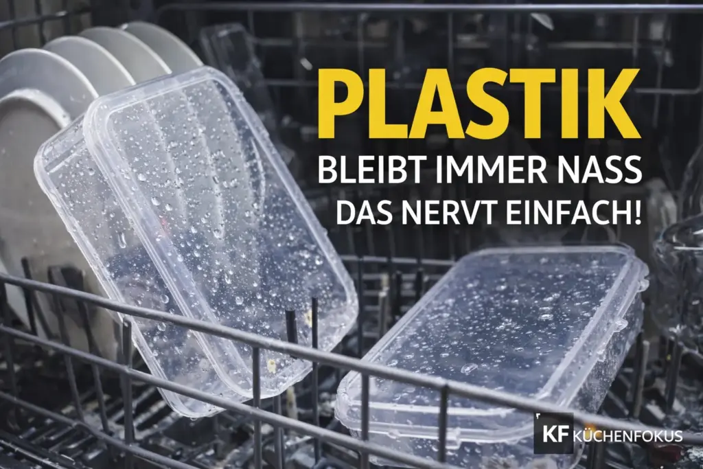Nasse Kunststoffdose und Deckel im Geschirrkorb einer Spülmaschine mit der Aufschrift „Plastik bleibt immer nass – das nervt einfach!“ und dem Küchenfokus-Logo unten rechts.