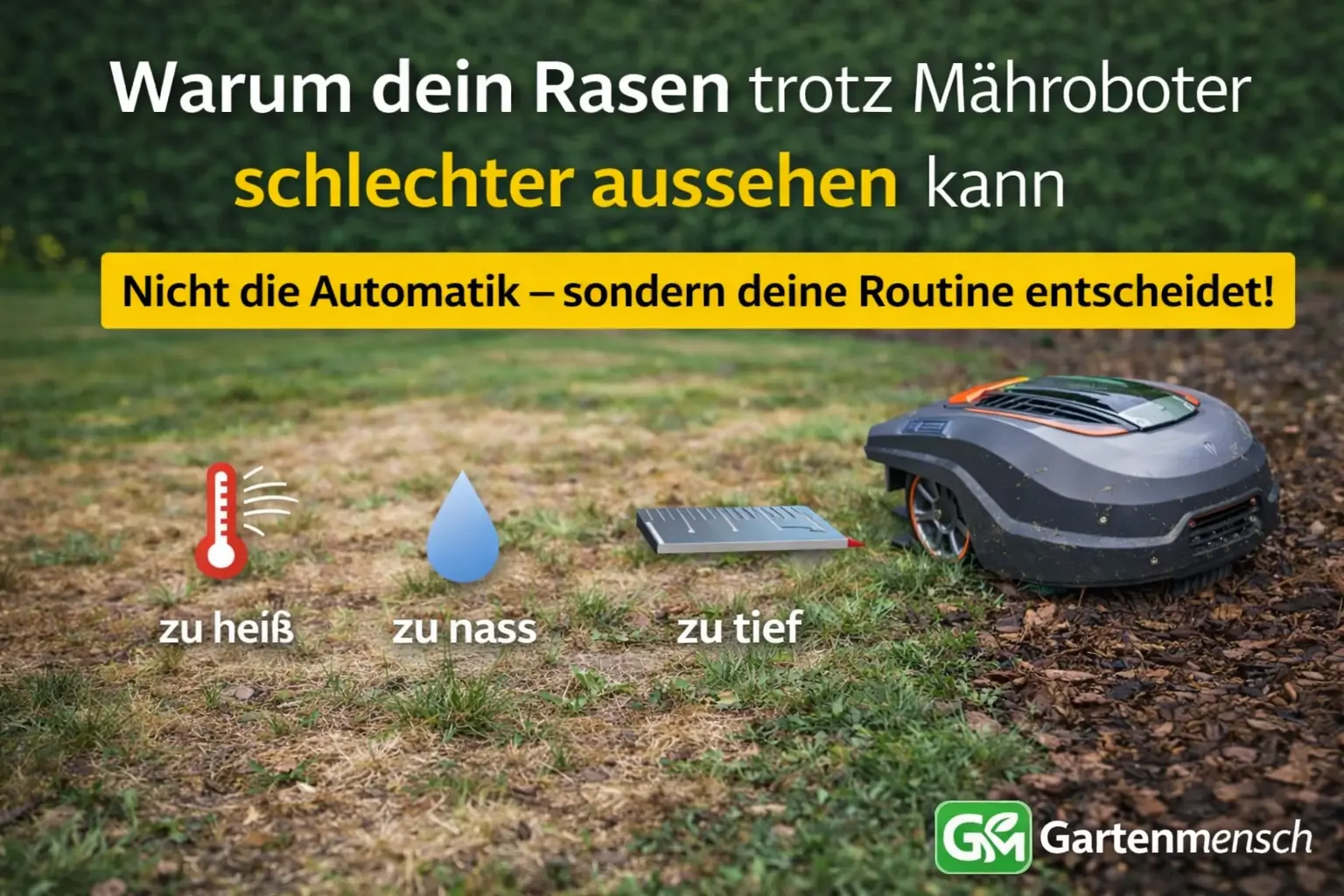 Trockener und ungleichmäßiger Rasen mit Mähroboter als Beispiel für falsche Mähroutine und zu kurze Schnitthöhe