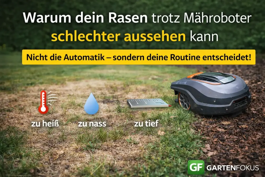 Trockener und ungleichmäßiger Rasen mit Mähroboter als Beispiel für falsche Mähroutine und zu kurze Schnitthöhe