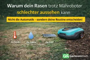 Mähroboter auf trockenem, lückigem Rasen mit Hinweistext, dass nicht die Automatik, sondern die Pflegeroutine entscheidend ist; Symbole zeigen typische Ursachen wie Hitze, Nässe und zu tiefe Schnitthöhe.