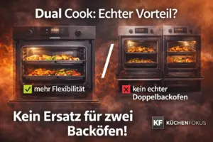 Samsung NV7B4550VAS/U1 mit Dual Cook im Vergleich zu zwei separaten Backöfen, mit der Aufschrift „Dual Cook: Echter Vorteil? Kein Ersatz für zwei Backöfen!“ und Küchenfokus Logo unten rechts.