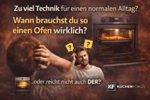 Samsung NV7B4550VAS/U1 Backofen mit nachdenklicher Person und der Aufschrift „Zu viel Technik für einen normalen Alltag? Wann brauchst du so einen Ofen wirklich?“ sowie Küchenfokus Logo unten rechts.
