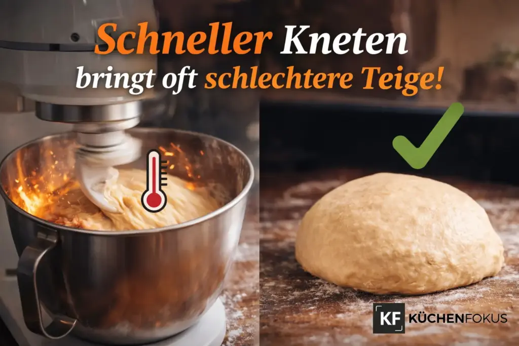Küchenmaschine beim schnellen Kneten mit warmem Teig in der Schüssel und glatter Teigkugel als Gegenbild – schneller kneten ist nicht automatisch besser