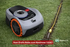 Segway Navimow i105E Mähroboter auf Rasen neben Begrenzungsdraht, Artikelbild zum Umstieg von Draht-Modell auf kabellosen Mähroboter von Gartenmensch