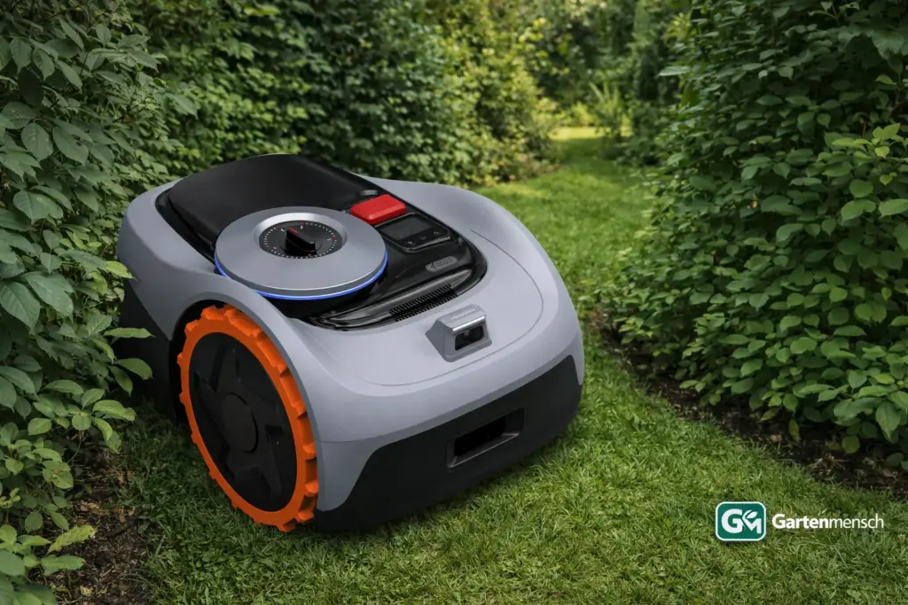 Segway Navimow i105E Mähroboter in einem verwinkelten Gartenweg zwischen Hecken, Gartenmensch Artikelbild