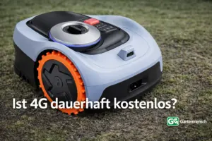Segway Navimow i205 AWD Mähroboter auf Rasen mit Schriftzug „Ist 4G dauerhaft kostenlos?“ im Bild, Gartenmensch Artikelbild