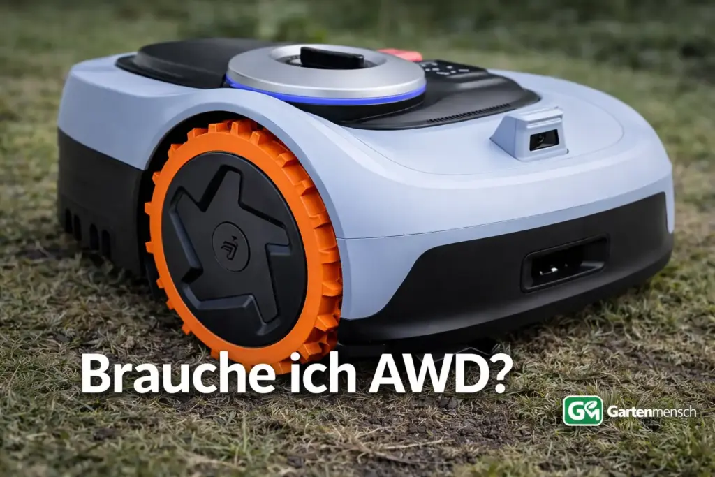 Segway Navimow i205 AWD Mähroboter auf unebenem Rasen mit Fokus auf das orange AWD-Rad und Schriftzug „Brauche ich AWD?“ im Bild, Gartenmensch Artikelbild