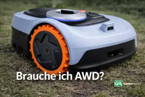 Segway Navimow i205 AWD Mähroboter auf unebenem Rasen mit Fokus auf das orange AWD-Rad und Schriftzug „Brauche ich AWD?“ im Bild, Gartenmensch Artikelbild