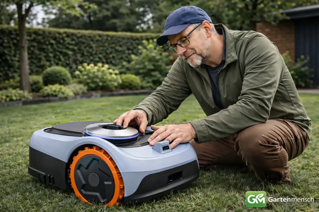 Tobias testet den Segway Navimow i205 AWD Mähroboter im Garten auf dem Rasen mit Allradantrieb und kabelloser Navigation