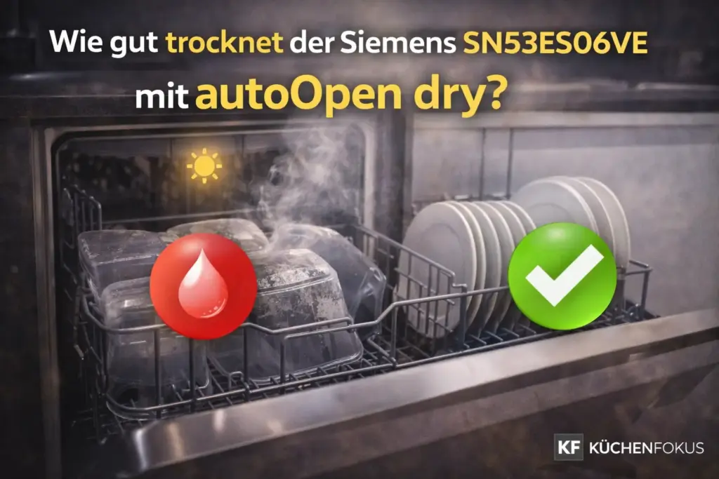 Geöffneter Siemens SN53ES06VE mit Tellern und Kunststoffbehältern sowie emotionaler Aufschrift zur Frage, wie gut die Trocknung mit autoOpen dry funktioniert, Küchenfokus Logo unten rechts