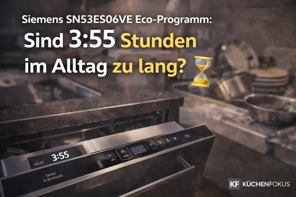Siemens SN53ES06VE mit Anzeige des Eco-Programms von 3 Stunden 55 und emotionaler Aufschrift zur Frage, ob die lange Laufzeit im Alltag zu lang ist, Küchenfokus Logo unten rechts