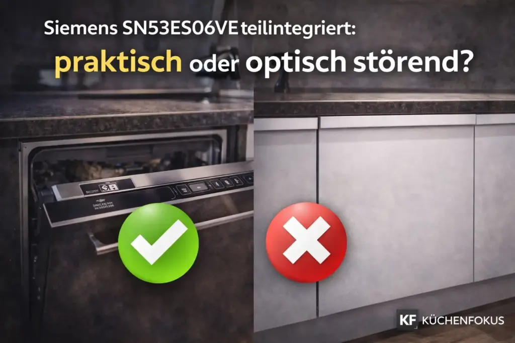Siemens SN53ES06VE in teilintegrierter Bauweise mit emotionaler Aufschrift zur Frage, ob die sichtbare Bedienleiste praktisch oder optisch störend ist, Küchenfokus Logo unten rechts