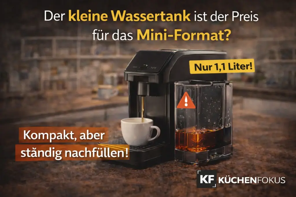 Artikelbild zur Tchibo Esperto mini mit fast leerem kleinem Wassertank und dem Hinweis, dass der Kaffeevollautomat wegen seines Mini-Formats häufiger nachgefüllt werden muss.