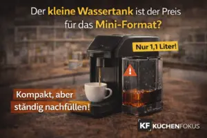 Artikelbild zur Tchibo Esperto mini mit fast leerem kleinem Wassertank und dem Hinweis, dass der Kaffeevollautomat wegen seines Mini-Formats häufiger nachgefüllt werden muss.