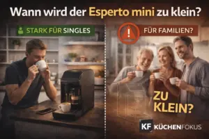 Artikelbild zur Tchibo Esperto mini mit Single- und Familien-Szenario sowie der Aussage, dass der Kaffeevollautomat für Singles gut passen kann, für mehrere Kaffeetrinker aber schnell zu klein wird.