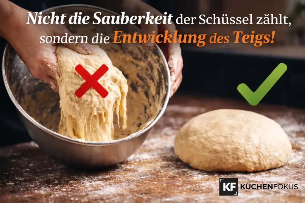 Klebender Teig in einer Rührschüssel und glatter Teigball auf der Arbeitsfläche als Vergleich – Teig am Schüsselrand ist nicht automatisch ein Knetfehler