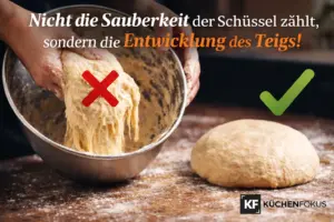 Klebender Teig in einer Rührschüssel und glatter Teigball auf der Arbeitsfläche als Vergleich – Teig am Schüsselrand ist nicht automatisch ein Knetfehler