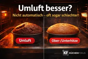Geteiltes Ofenbild mit Kuchen bei Umluft und Ober-/Unterhitze als Motiv zum Thema, warum Umluft im Backofen oft nicht die beste Wahl ist
