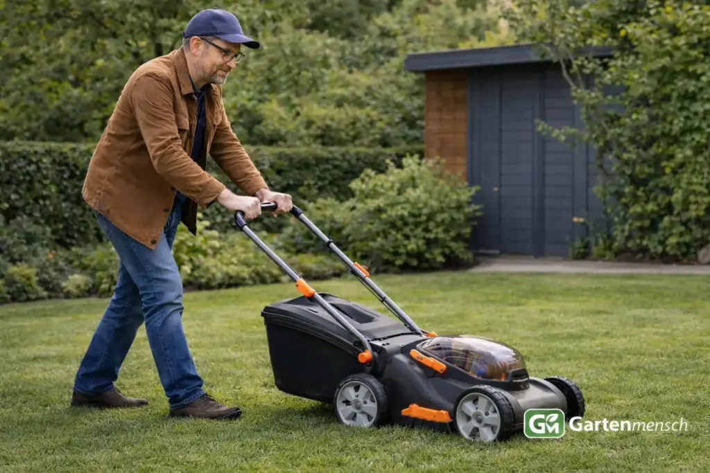 Tobias testet den WORX WG743E Akku-Rasenmäher im Garten für Gartenmensch